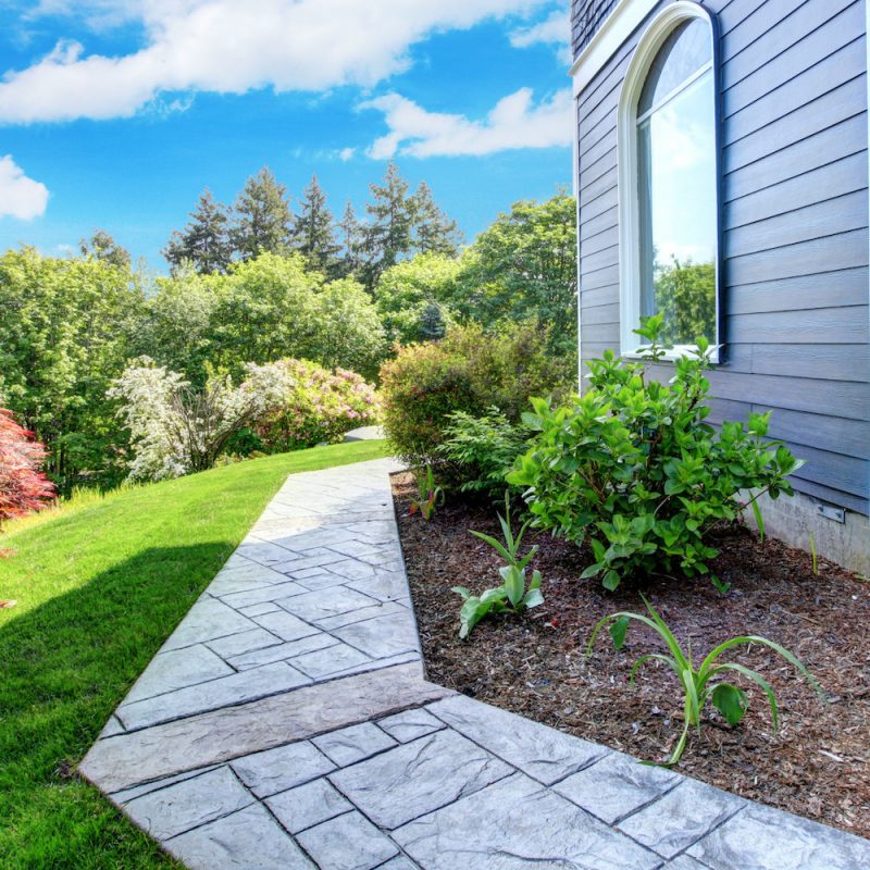 Beautiful Blue house side with walkway and green landscape.