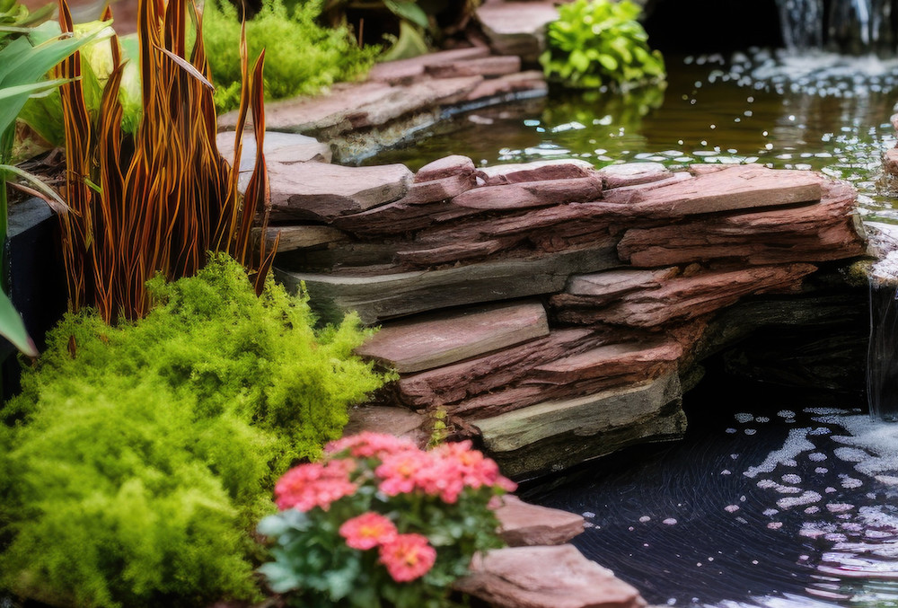 diy pond with waterfall feature and surrounding rocks
